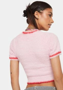 Pretty Garbage Cherry Fuzzy Crop Sweater Top Crop Tee