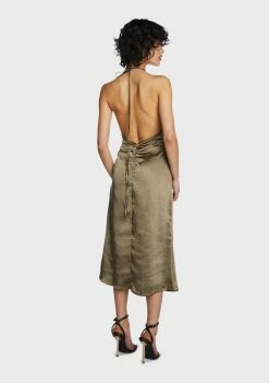 Pretty Garbage Olive Satin Halter Neck Midi Dress