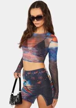 Pretty Garbage Scenic Print Mesh Crop Top