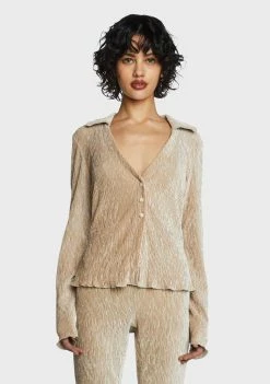 Pretty Garbage Tops Beige Plisse Knit Collared Shirt