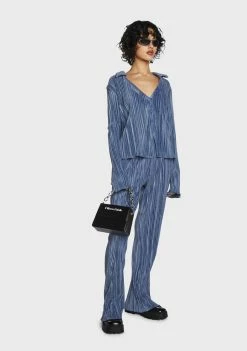 Pretty Garbage Blue Plisse Knit Collared Shirt Tops