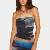 Pretty Garbage Dresses Scenic Print Mesh Strapless Mini Dress