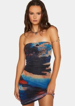 Pretty Garbage Dresses Scenic Print Mesh Strapless Mini Dress