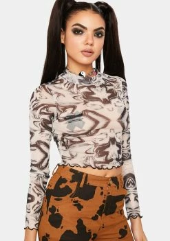 Pretty Garbage Swirl Mesh Mock Neck Top