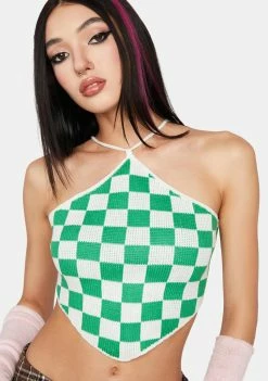 Pretty Garbage Green Checkered Open Back Halter Top Crop Halter Top