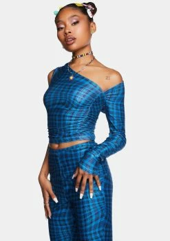 Another Girl Gene Wavy Check Crop Top Off The Shoulder Crop Top