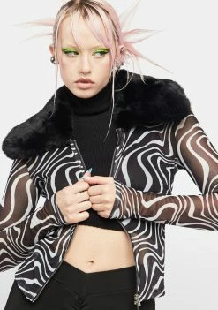 Another Girl Tops Removable Fur Trim Mesh Swirl Top