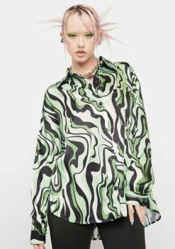 Another Girl Tops Green Swirl Print Blouse