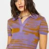 Another Girl Tops Lilac Abstract Knit Polo Crop Top