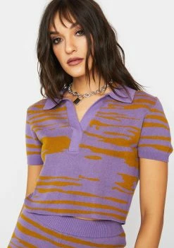 Another Girl Tops Lilac Abstract Knit Polo Crop Top