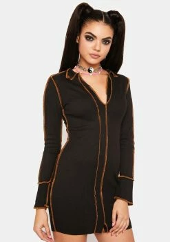 Pretty Garbage Little Black Dresses Exposed Stitch Long Sleeve Mini Dress