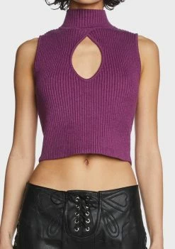 Pretty Garbage Tops Purple Keyhole Mock Neck Crop Top