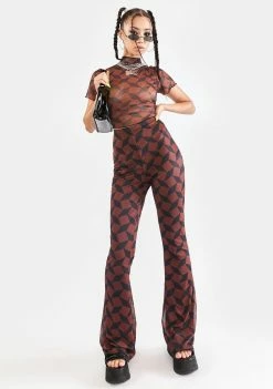 Another Girl Recycled Brown Geo Mesh Flare Pants Bottoms