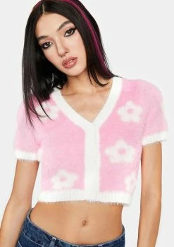 Pretty Garbage Knit Cardigans Pink Fuzzy Floral Sweater Top