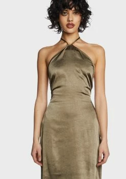 Pretty Garbage Olive Satin Halter Neck Midi Dress