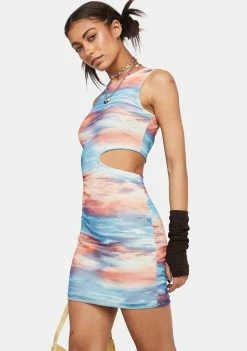 Pretty Garbage Sundress Sunset Print Cut Out Mesh Mini Dress