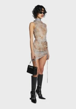 Pretty Garbage Sleeveless Printed Mesh Ruched Dress