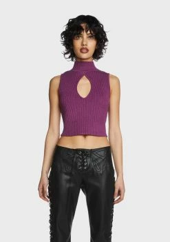 Pretty Garbage Tops Purple Keyhole Mock Neck Crop Top