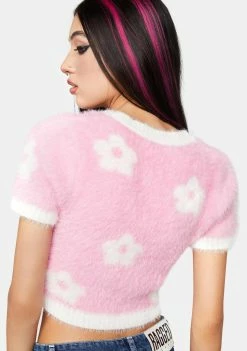 Pretty Garbage Knit Cardigans Pink Fuzzy Floral Sweater Top