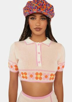 Another Girl Daisy Border Polo Crop Top Button Up Shirt