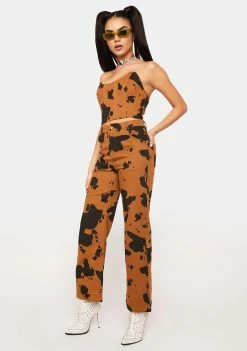 Pretty Garbage Cow Print Denim Pants High Waisted Jeans