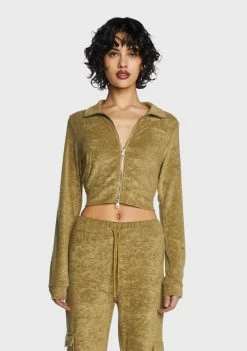 Pretty Garbage Olive Two-Way Zip Velour Track Jacket