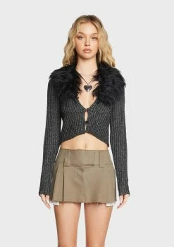 Pretty Garbage Tops Black Faux Fur Ribbed Knit Top