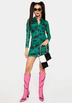 Pretty Garbage Cow Print Mesh Shirt Dress