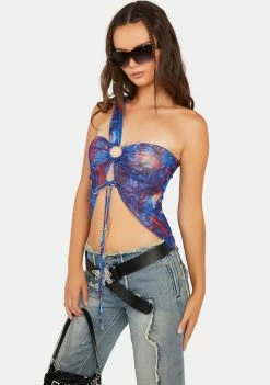 Pretty Garbage Swirl Print O-Ring Mesh Crop Top Graphic Crop Top