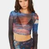Pretty Garbage Scenic Print Mesh Crop Top