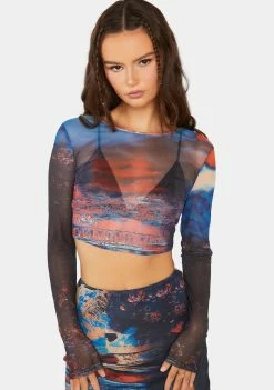 Pretty Garbage Scenic Print Mesh Crop Top