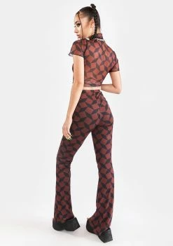 Another Girl Recycled Brown Geo Mesh Flare Pants Bottoms