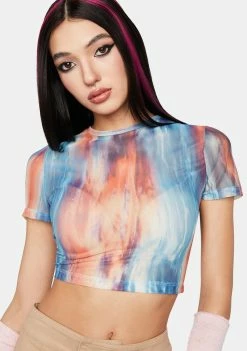 Pretty Garbage Tops Sunset Print Mesh Baby Tee