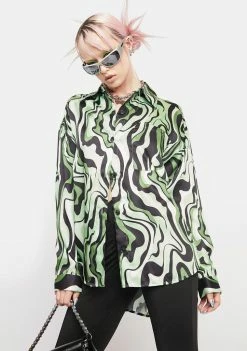 Another Girl Tops Green Swirl Print Blouse