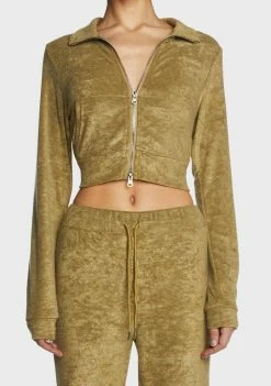 Pretty Garbage Olive Two-Way Zip Velour Track Jacket