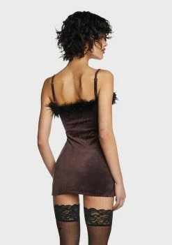 Pretty Garbage Brown Faux Fur Trim Mini Dress