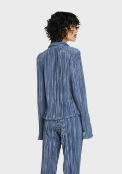 Pretty Garbage Blue Plisse Knit Collared Shirt Tops
