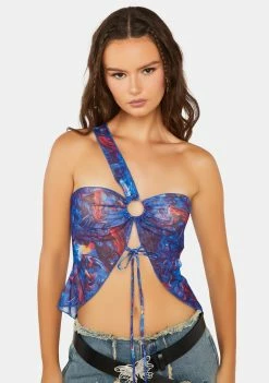 Pretty Garbage Swirl Print O-Ring Mesh Crop Top Graphic Crop Top