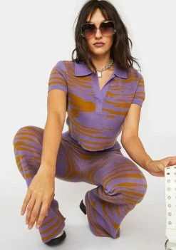 Another Girl Tops Lilac Abstract Knit Polo Crop Top