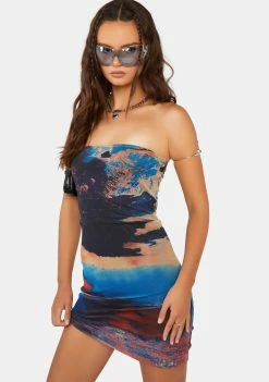 Pretty Garbage Dresses Scenic Print Mesh Strapless Mini Dress