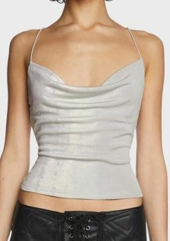 Pretty Garbage Tops Metallic Cowl Neck Knit Top