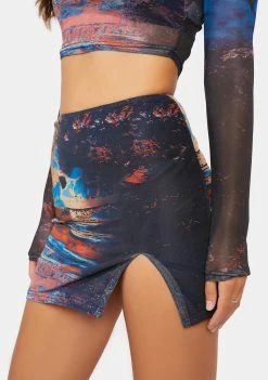 Pretty Garbage Scenic Print Mesh Slit Mini Skirt