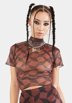 Another Girl Tops Recycled Brown Geo Mesh Crop Top