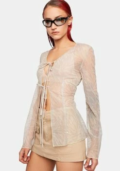 Pretty Garbage Print Mesh Drawstring Top Mesh Shirt