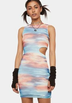 Pretty Garbage Sundress Sunset Print Cut Out Mesh Mini Dress