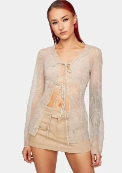 Pretty Garbage Print Mesh Drawstring Top Mesh Shirt