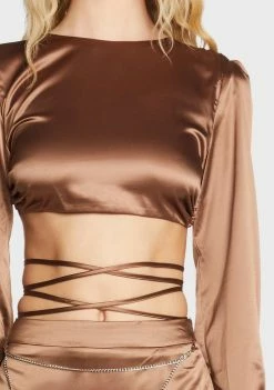 Pretty Garbage Brown Open Back Wrap Top Tops