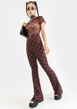 Another Girl Recycled Brown Geo Mesh Flare Pants Bottoms