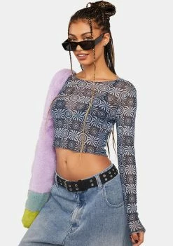 Another Girl Swirl Checkerboard Mesh Top Mesh Shirt