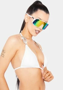 Hustler Bikini Tops White Rhinestone Micro Triangle Bikini Top